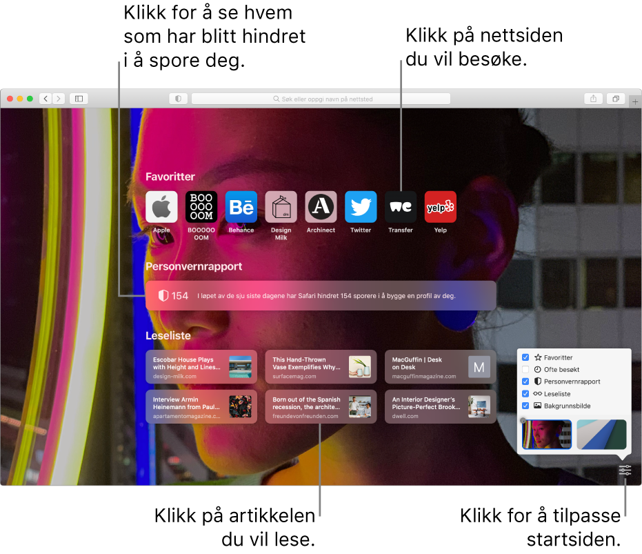 Safari-startsiden som viser favorittnettsteder, en Personvernrapport, Leseliste-artikler og startsidevalg.