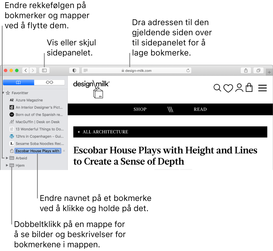 Et Safari-vindu med bokmerker i sidepanelet, hvor ett bokmerke er markert for redigering.
