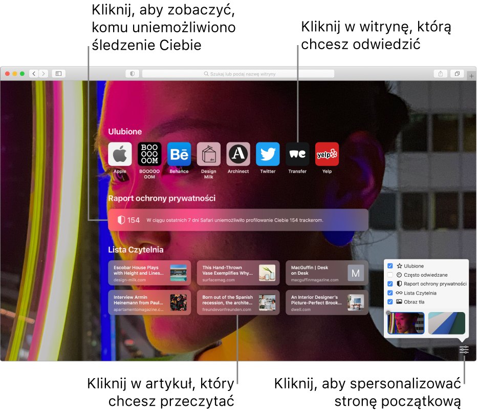 Strona początkowa w Safari, a na niej widoczne są ulubione witryny, skrót raportu ochrony prywatności, artykuły z Czytelni oraz opcje strony początkowej.