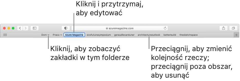 Pasek ulubionych z wieloma zakładkami oraz folderem zakładek na pasku. Aby edytować zakładkę lub folder na pasku, kliknij i przytrzymaj dany element. Aby zmienić ułożenie elementów na pasku, przeciągnij je. Aby usunąć element, przeciągnij go poza obszar paska.