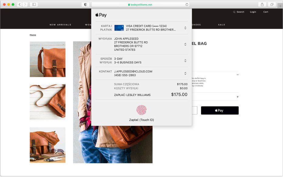 Popularna witryna zakupowa akceptująca płatności Apple Pay. Widoczne są szczegóły dotyczące zakupu, obejmujące kartę kredytową, adres wysyłki, informacje na temat sklepu oraz cenę.