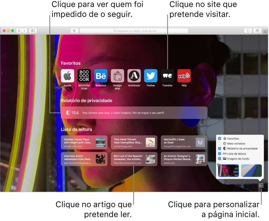 A página de entrada do Safari a mostrar os sites favoritos, um resumo do relatório de privacidade, artigos da lista de leitura e opções da página de entrada.