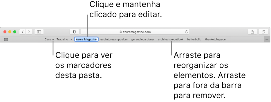 A barra de favoritos com vários marcadores e uma pasta de marcadores. Para editar um marcador ou uma pasta na barra, clique e mantenha clicado o elemento. Para reorganizar elementos na barra, arraste-os. Para remover um elemento, arraste-o para fora da barra.