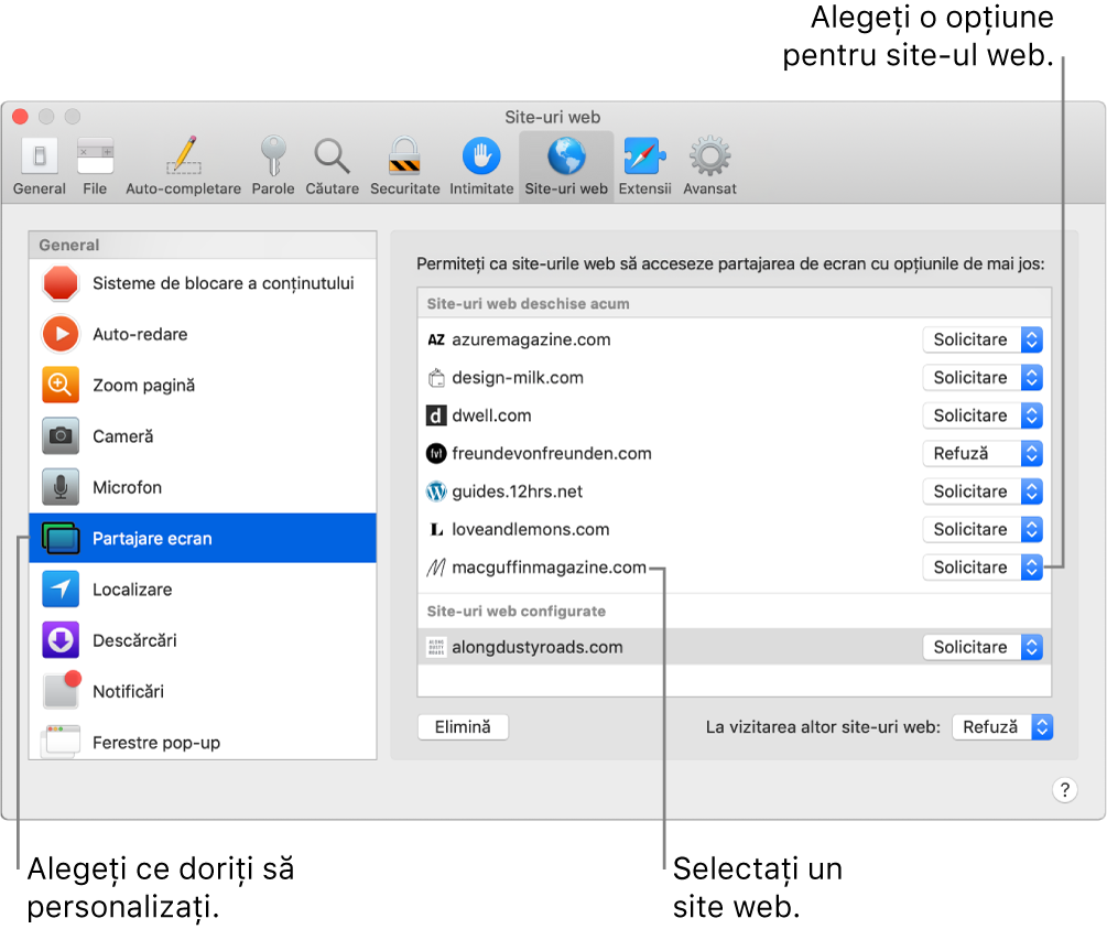 Panoul Site-uri web din preferințele Safari, unde puteți personaliza modul de navigare în site-urile web individuale.