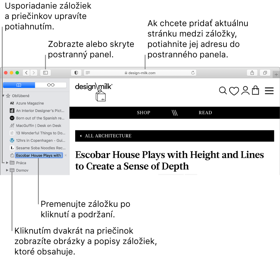 Okno Safari zobrazujúce záložky v postrannom paneli. Jedna záložka je vybraná na úpravu.