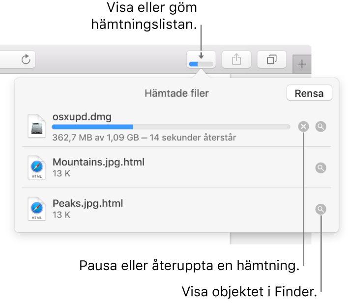 Knappen för hämtade filer i verktygsfältet med listan över hämtade filer nedanför.