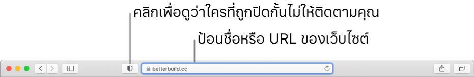 แถบเครื่องมือ Safari ที่แสดงปุ่มรายงานความเป็นส่วนตัวและเว็บไซต์ในช่องค้นหาอัจฉริยะ