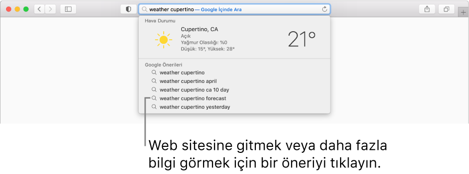 Akıllı Arama alanına girilen “weather cupertino” arama ifadesi ve Safari Önerileri’nin sonucu.