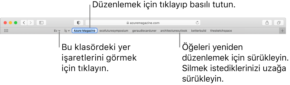 Yer işaretleri klasörünü içeren Favoriler çubuğu. Çubuktaki bir yer işaretini veya klasörü düzenlemek için tıklayıp basılı tutun. Çubuktaki öğeleri yeniden düzenlemek için sürükleyin. Bir öğeyi silmek için çubuktan uzağa sürükleyin.