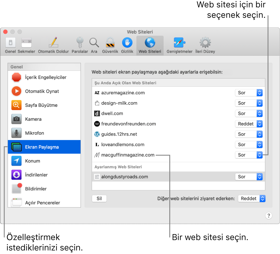 Safari tercihlerinin Web Siteleri bölmesinde tek tek web sitelerini nasıl dolaştığınızı özelleştirebilirsiniz.