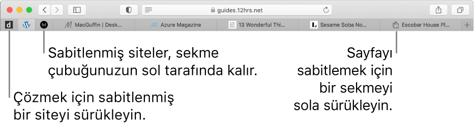 Safari sekme çubuğunda iğnelenmiş siteler.