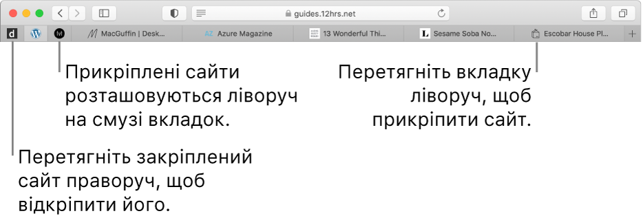 Закріплені сайти на смузі вкладок Safari.