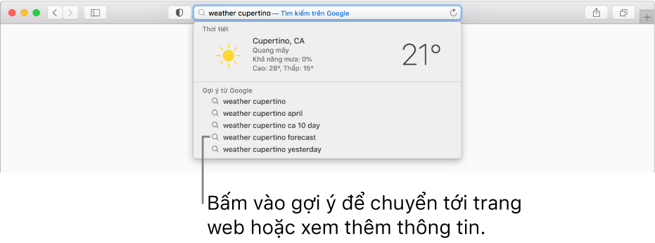 Cụm từ tìm kiếm "thời tiết cupertino" được nhập vào trường Tìm kiếm thông minh và các kết quả Gợi ý Safari.