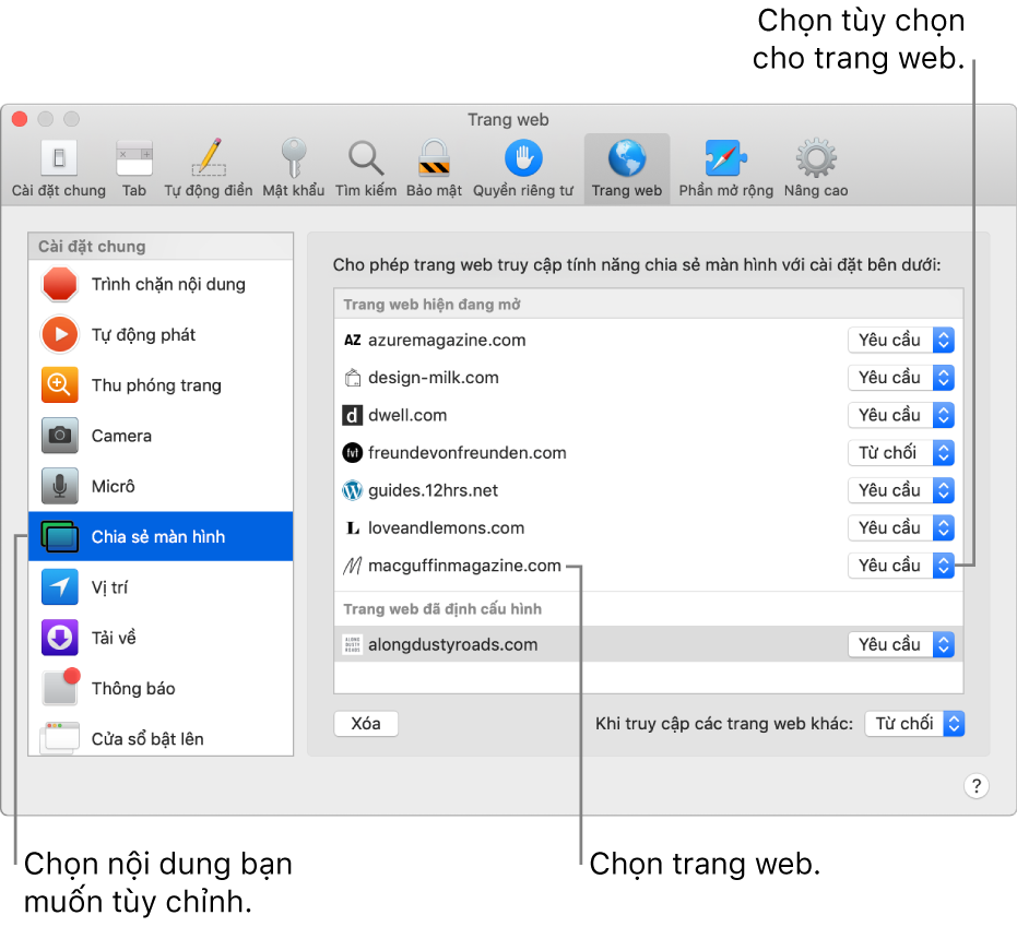Khung Trang web của tùy chọn Safari, nơi bạn có thể tùy chỉnh cách bạn duyệt các trang web riêng lẻ.