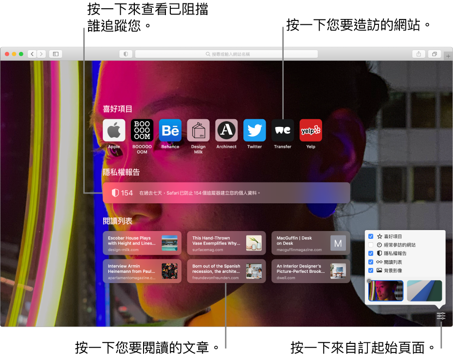Safari 的起始頁面，顯示喜愛的網站、「隱私權報告」摘要、「閱讀列表」文章，以及起始頁面選項。