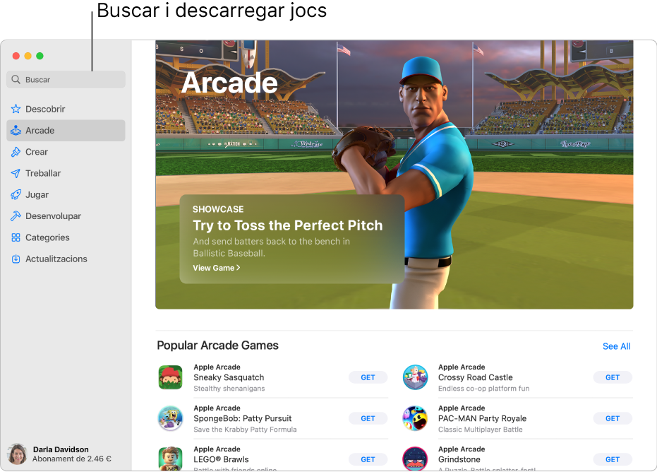 La pàgina principal de l’Apple Arcade. Al tauler de la dreta es mostra un joc popular i a sota apareixen altres jocs disponibles.