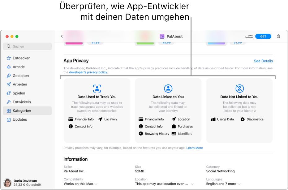 Ein Bereich der Mac App Store-Hauptseite mit der Datenschutzrichtlinie des Entwicklers einer ausgewählten App: Verwendete Daten für das Tracking, personenbezogene Daten und nicht personenbezogene Daten.