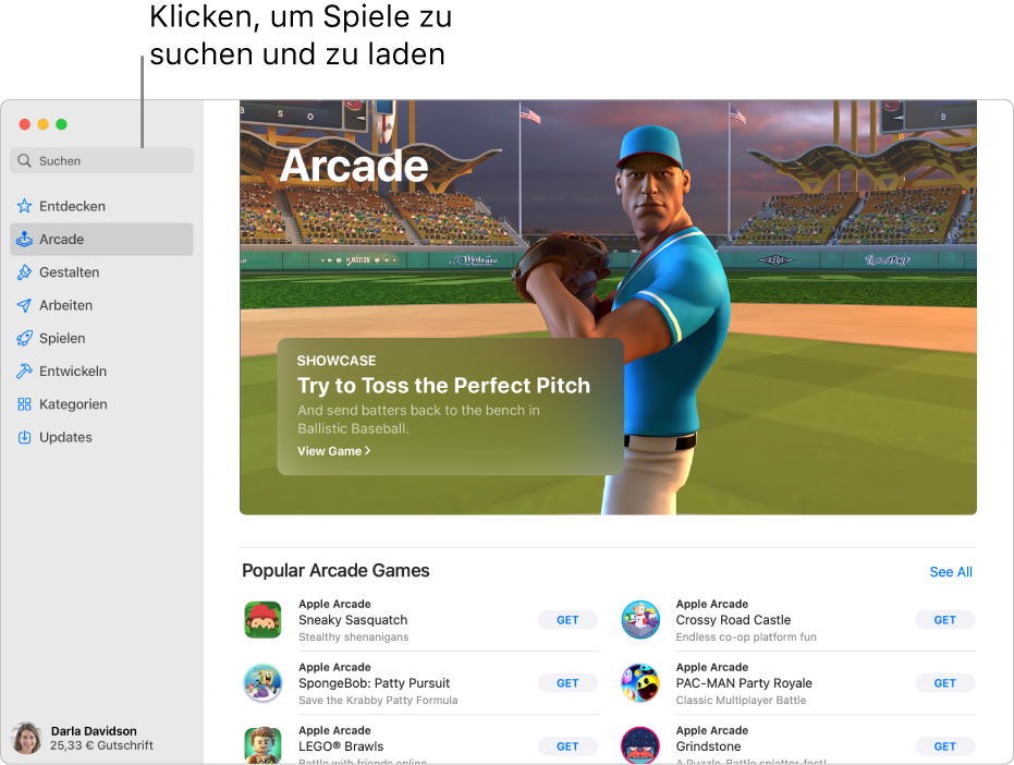 Die Hauptseite von Apple Arcade Ein beliebtes Spiel wird rechts im Bereich gezeigt; darunter werden weitere verfügbare Spiele angezeigt.