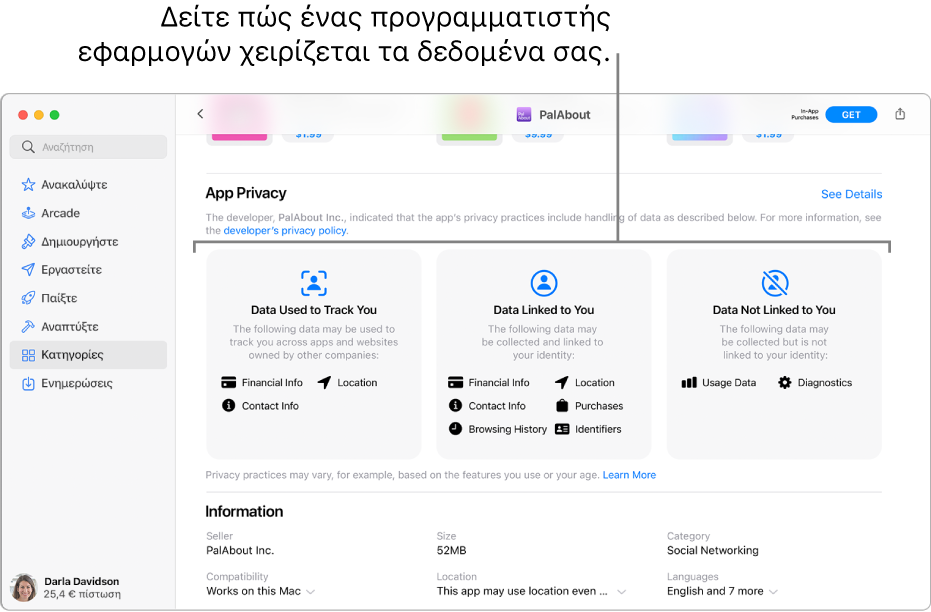 Ένα τμήμα της βασικής σελίδας του Mac App Store, που εμφανίζει την πολιτική απορρήτου του προγραμματιστή της επιλεγμένης εφαρμογής: Δεδομένα που χρησιμοποιούνται για την παρακολούθησή σας, Δεδομένα που συνδέονται με εσάς, και Δεδομένα που δεν συνδέονται με εσάς