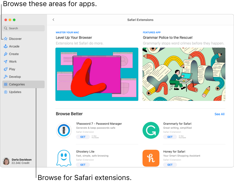 The Safari Extensions Mac App Store page. The sidebar on the left includes links to other pages: Discover, Arcade, Create, Work, Play, Develop, Categories and Updates. On the right are available Safari extensions.