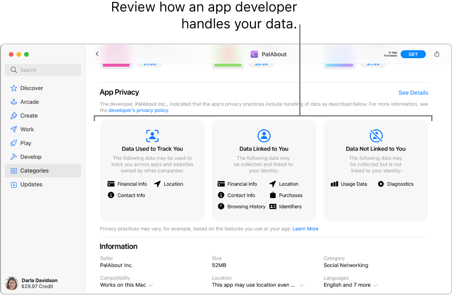 A portion of the main Mac App Store page, showing the privacy policy of the selected app’s developer: Data Used to Track You, Data Linked to You, and Data Not Linked to You.