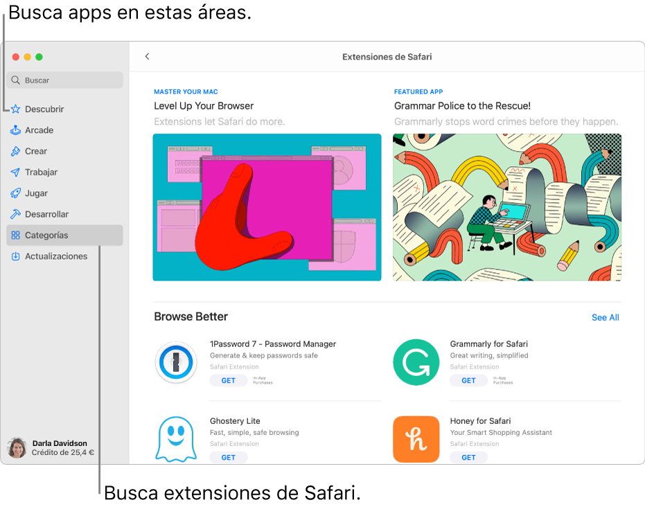 La página de extensiones de Safari de Mac App Store. La barra lateral de la izquierda incluye enlaces a otras páginas: Descubrir, Arcade, Crear, Trabajar, Jugar, Desarrollar, Categorías y Actualizaciones. En la parte derecha están las extensiones de Safari disponibles.