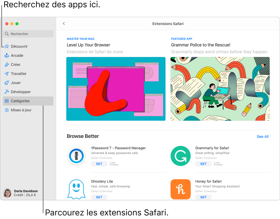 Page principale des extensions Safari du Mac App Store. La barre latérale située à gauche comprend des liens vers d’autres pages : Découvrir, Arcade, Créer, Travailler, Jouer, Développer, Catégories et Mises à jour. À droite se trouvent les extensions Safari disponibles.