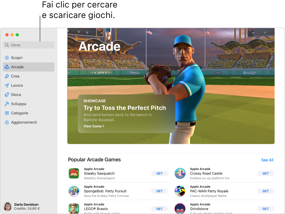 La pagina principale di Apple Arcade. Nel pannello sulla destra viene mostrato il gioco popolare, con altri giochi disponibili mostrati sotto.