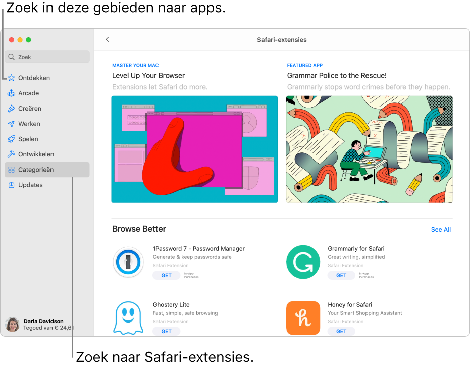 De pagina met Safari-extensies van de Mac App Store. De navigatiekolom aan de linkerkant bevat links naar andere pagina's: 'Ontdekken', 'Arcade', 'Creëren', 'Werken', 'Spelen', 'Ontwikkelen', 'Categorieën' en 'Updates'. Aan de rechterkant staan de beschikbare Safari-extensies.