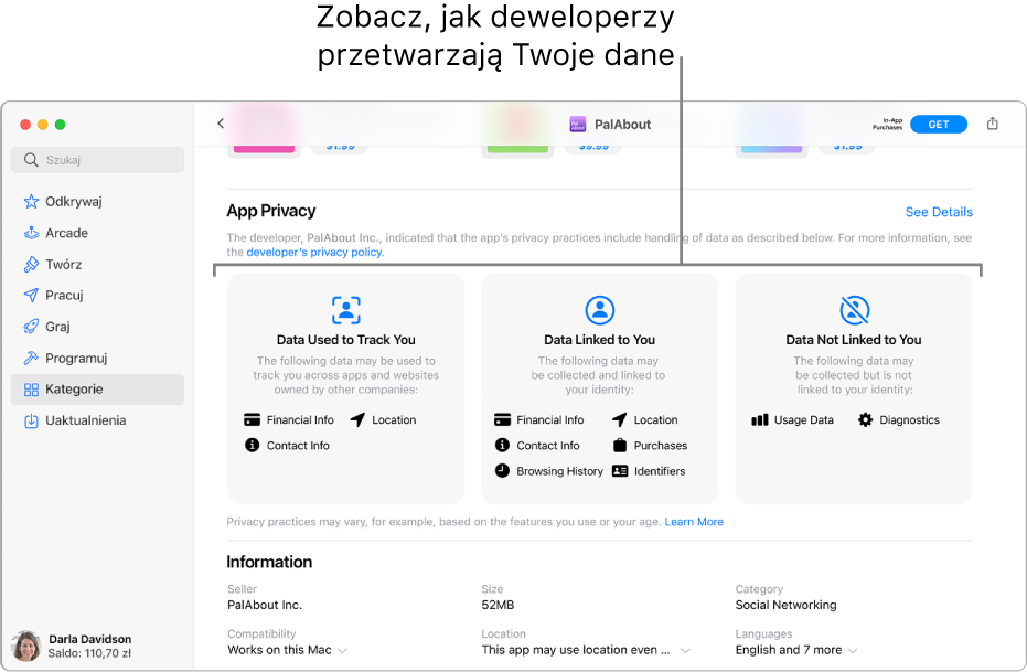 Część główna strony Mac App Store, na której pokazane są zasady prywatności dewelopera zaznaczonej aplikacji: Dane użyte do śledzenia Ciebie, Dane powiązane z Tobą oraz Dane niepowiązane z Tobą.