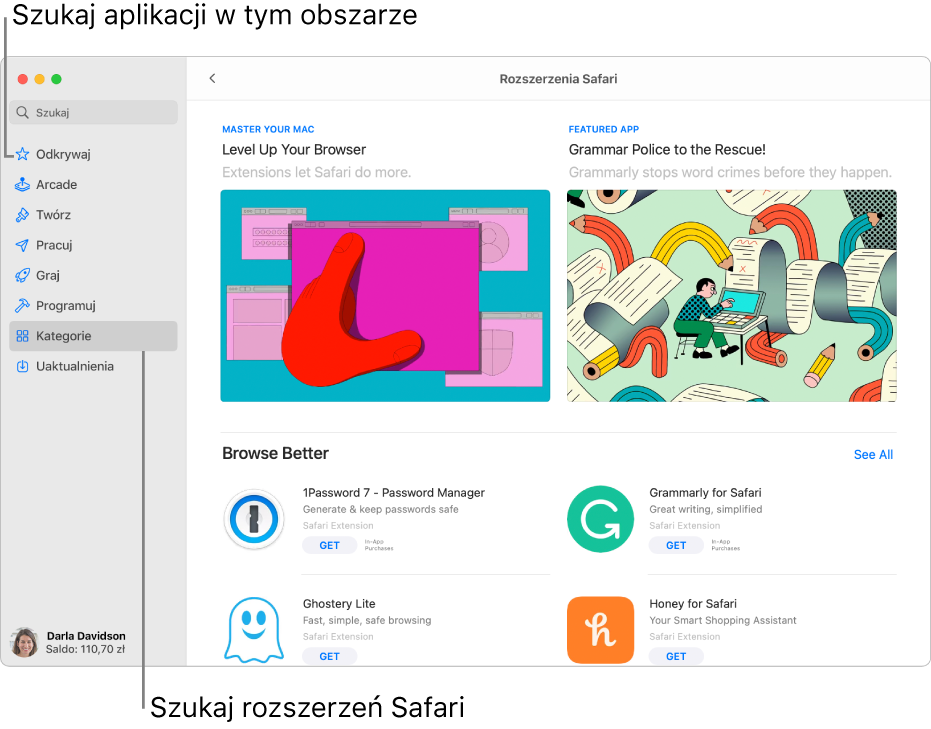 Strona z rozszerzeniami Safari w Mac App Store. Pasek boczny po lewej zawiera łącza do innych stron: Odkrywaj, Arcade, Twórz, Pracuj, Graj, Programuj, Kategorie i Uaktualnienia. Po prawej dostępne są rozszerzenia Safari.