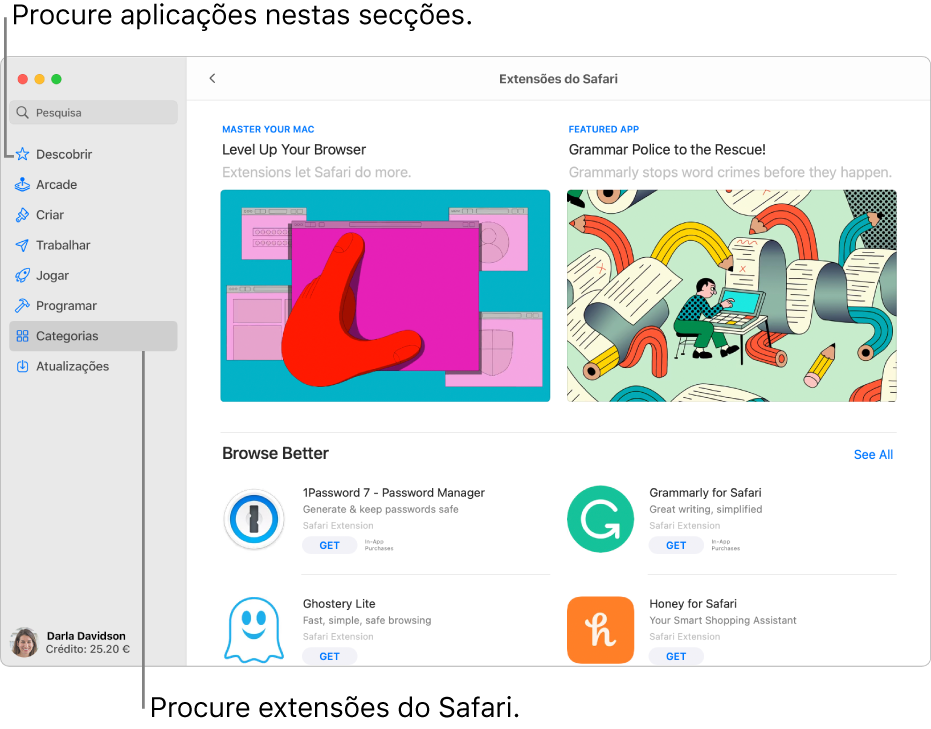 A página Extensões do Safari da Mac App Store. A barra lateral à esquerda inclui hiperligações para outras páginas: Descobrir, Arcade, Criar, Trabalhar, Jogar, Programar, Categorias e Atualizações. À direita estão disponíveis extensões do Safari.