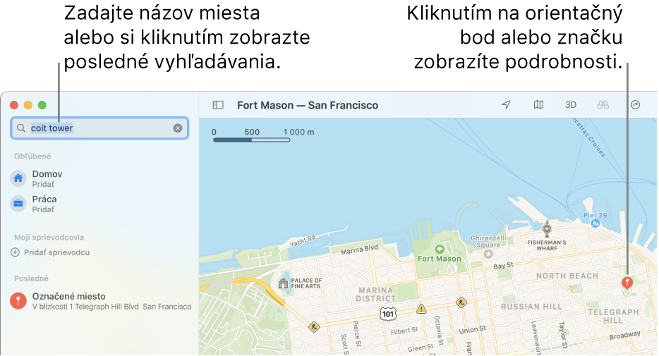 Do poľa vyhľadávania zadajte polohu alebo na ňu kliknite a zobrazte posledné vyhľadávania. Kliknutím na orientačný bod alebo značku zobrazte podrobnosti.