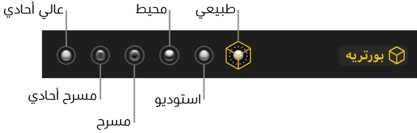 اختيارات تأثير إضاءة وضع بورتريه، بما فيها (من اليمين إلى اليسار) طبيعي واستوديو ومحيطي ومسرح ومسرح أحادي وضوء عالي أحادي.