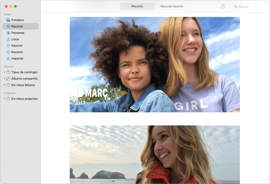 La finestra de l’app Fotos on es mostren records seleccionats a la barra lateral i diversos records a la finestra.