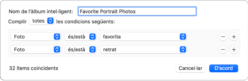 Quadre de diàleg que mostra els criteris d’un àlbum intel·ligent que recopila fotos fetes en mode Retrat que s’han marcat com a favorites.