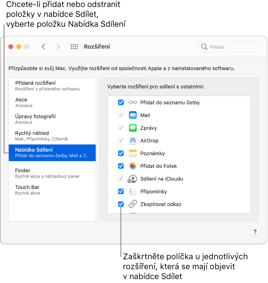 Panel Rozšíření v Předvolbách systému, na němž je napravo vidět zaškrtnuté políčko Nabídka sdílení a seznam rozšíření od nezávislých vývojářů