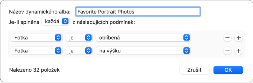 Dialogové okno zobrazující kritéria pro dynamické album, které shromažďuje portrétní fotky označené jako oblíbené