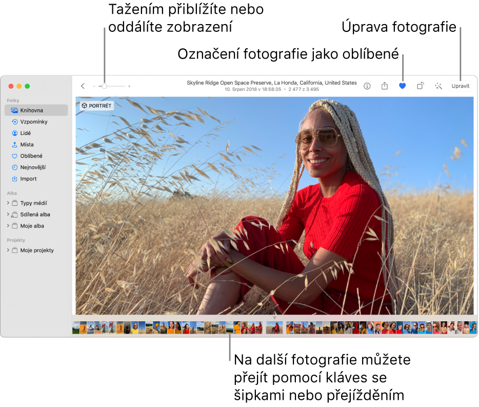 Okno aplikace Fotky, v němž je napravo vidět zvětšená fotografie a pod ní řádek s miniaturami fotografií. Nástrojový panel u horního okraje obsahuje jezdec zvětšení, tlačítko Oblíbené a tlačítko Upravit