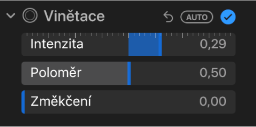 Ovládací prvky Vinětace na panelu Úpravy s jezdci Intenzita, Poloměr a Změkčení