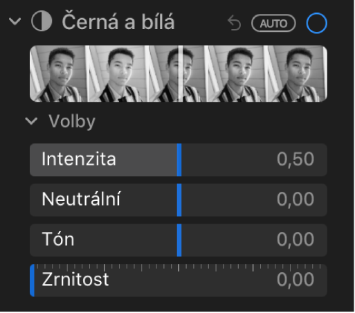 Oblast Černá a bílá na panelu Úpravy s jezdci pro nastavení parametrů Intenzita, Neutrální, Tón a Zrnitost.