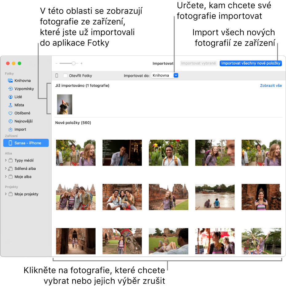 V horní části panelu se zobrazí fotografie na zařízení, které jste již importovali. Dole se zobrazí fotografie nové. Nahoře uprostřed je místní nabídka Cíl importu. Vpravo nahoře je tlačítko Importovat všechny nové položky