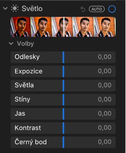 Oblast Světlo na panelu Úpravy s jezdci pro nastavení parametrů Odlesky, Expozice, Světla, Stíny, Jas, Kontrast a Černý bod.