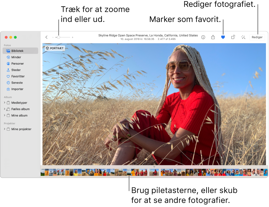 I vinduet Fotos vises et forstørret fotografi til højre med en række miniaturer nedenunder. Værktøjslinjen øverst omfatter zoommærket, knappen Favorit og knappen Rediger.