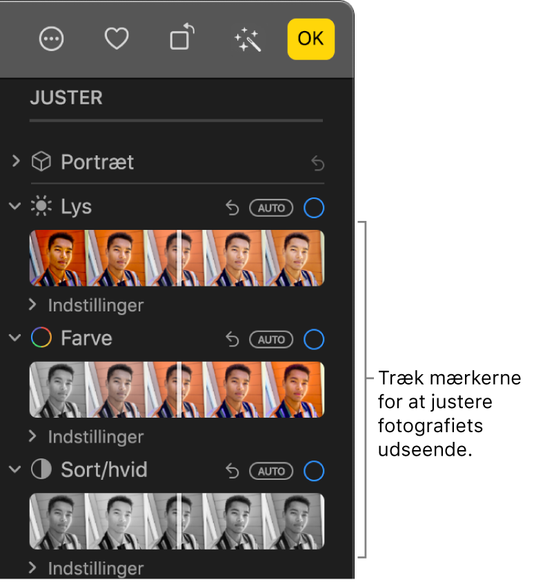 Mærkerne Lys, Farve og Sort/hvid i vinduet Juster. Knappen Auto vises over hvert mærke.