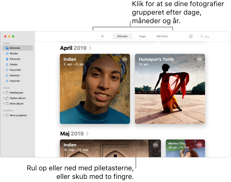 Vinduet Fotos i det primære område viser Måneder valgt på værktøjslinjen og fotografier organiseret efter måned.