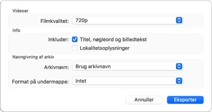 En dialog, som viser mulighederne for at eksportere videoer.