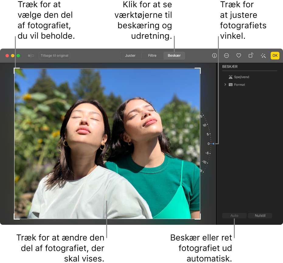 Et fotografi i redigeringsoversigt med Beskær valgt på værktøjslinjen, et vælgerektangel omkring fotografiet, et hældningshjul til højre for fotografiet og knappen Auto nederst til højre.
