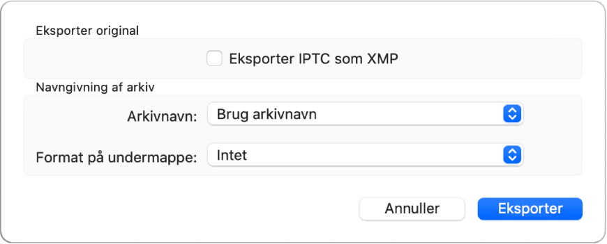 En dialog, der viser mulighederne for eksport af fotoarkiver i deres oprindelige format.