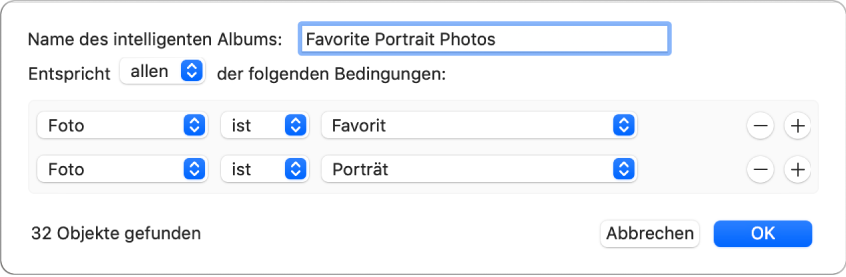 Ein Dialogfenster mit den Kriterien für ein intelligentes Album, das als Favoriten markierte Porträtfotos einbezieht.
